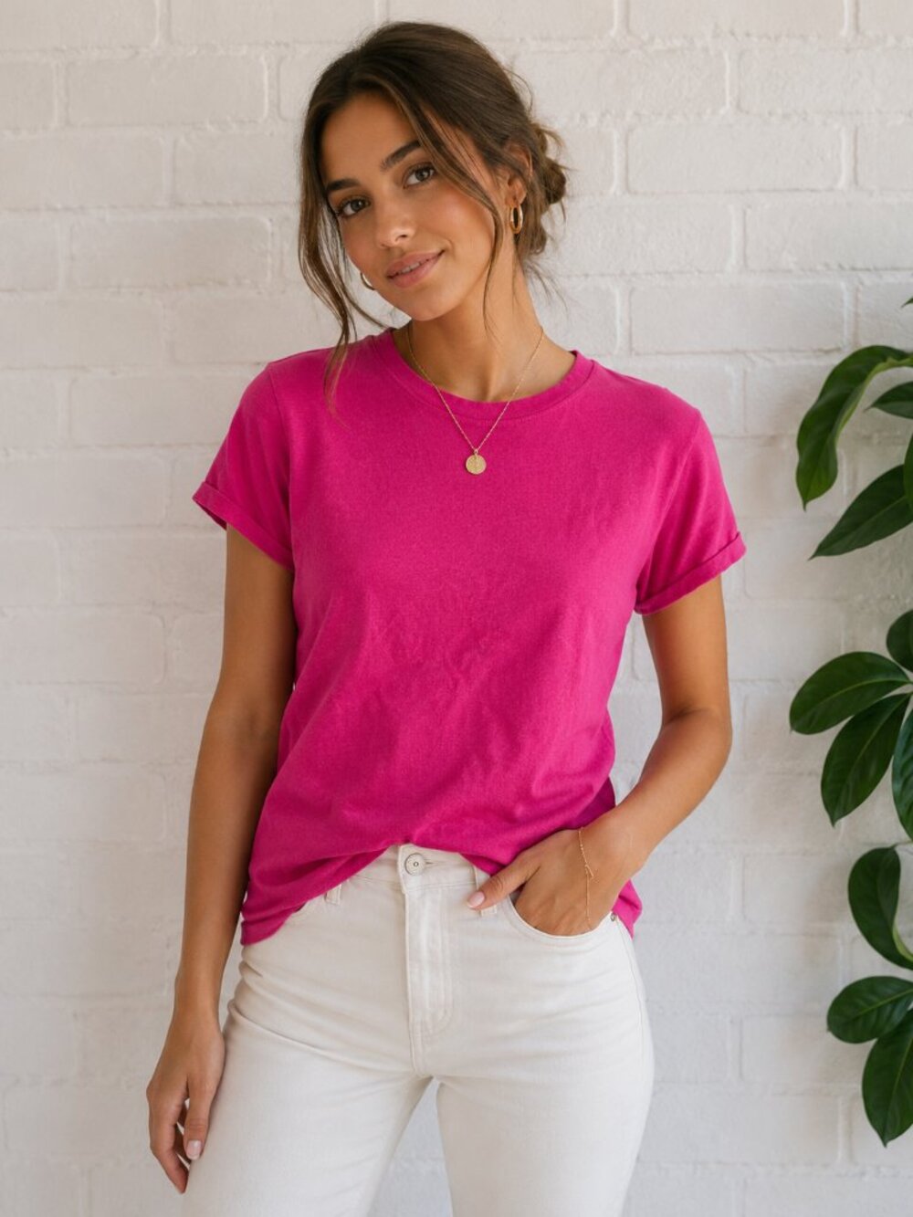 Anthropologie Maeve Hot Pink Short Sleeve Tee Barbiecore Top sz XS